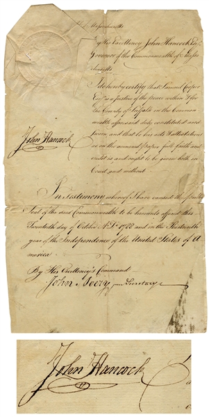 John Hancock Document Signed as Governor of Massachusetts